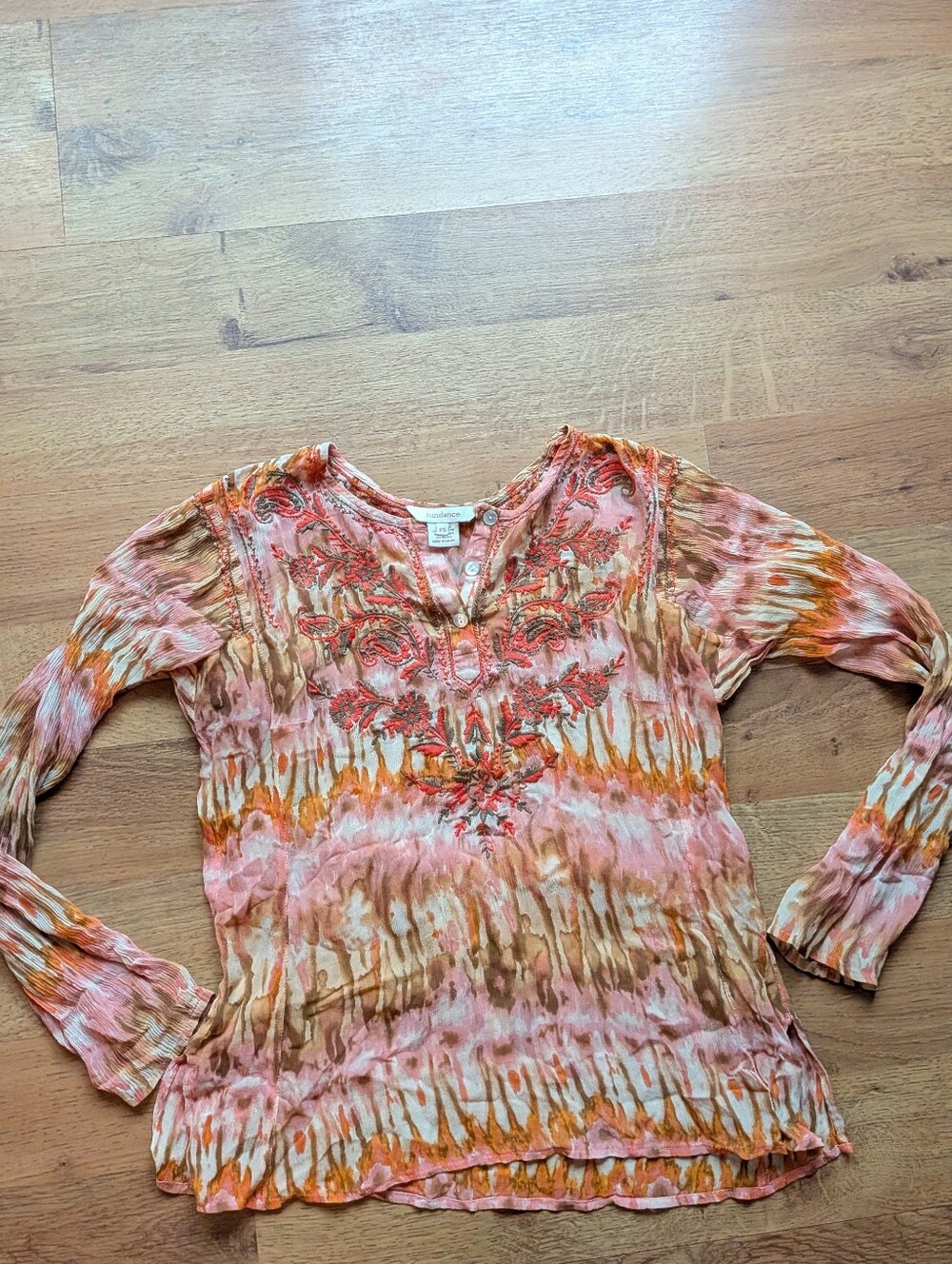 Sundance Pink, Orange & Brown Embroidered Tie-Dye Peasant Blouse -100% Silk
